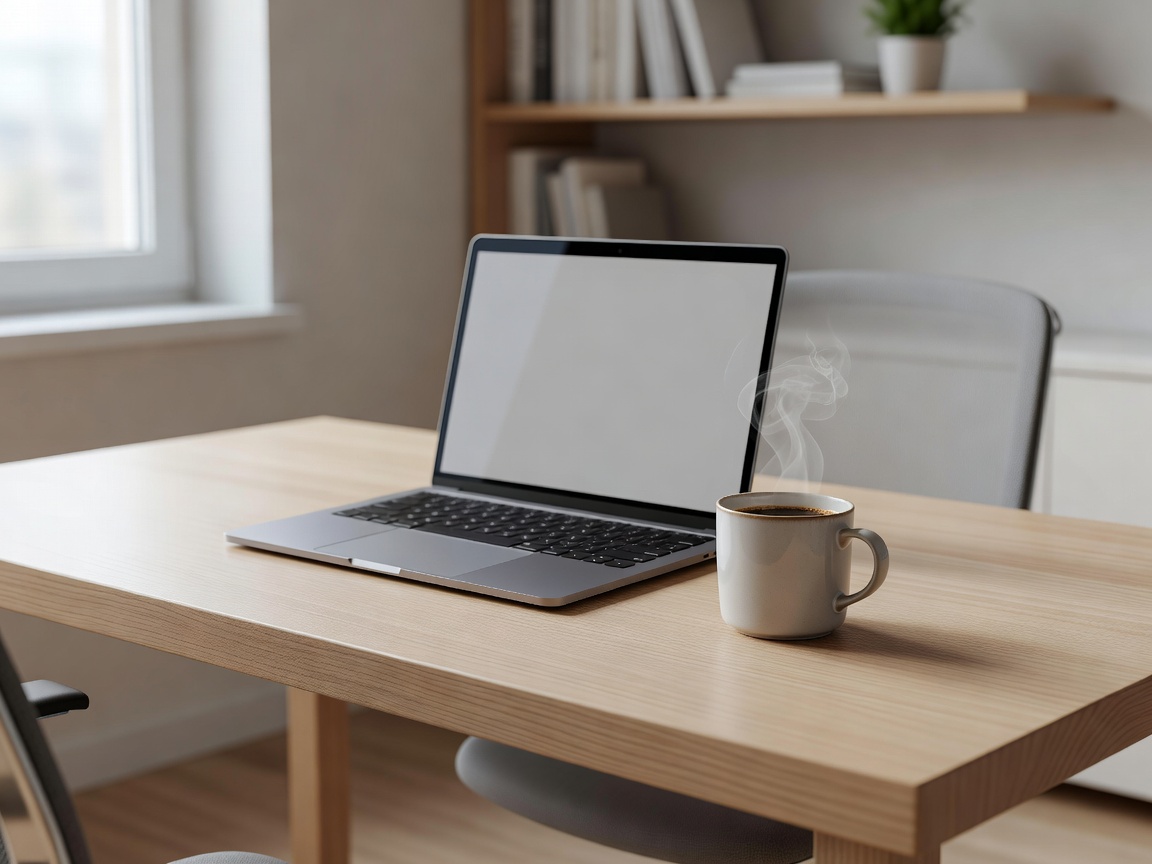 A clean home office setup with a laptop and a steaming cup of coffee