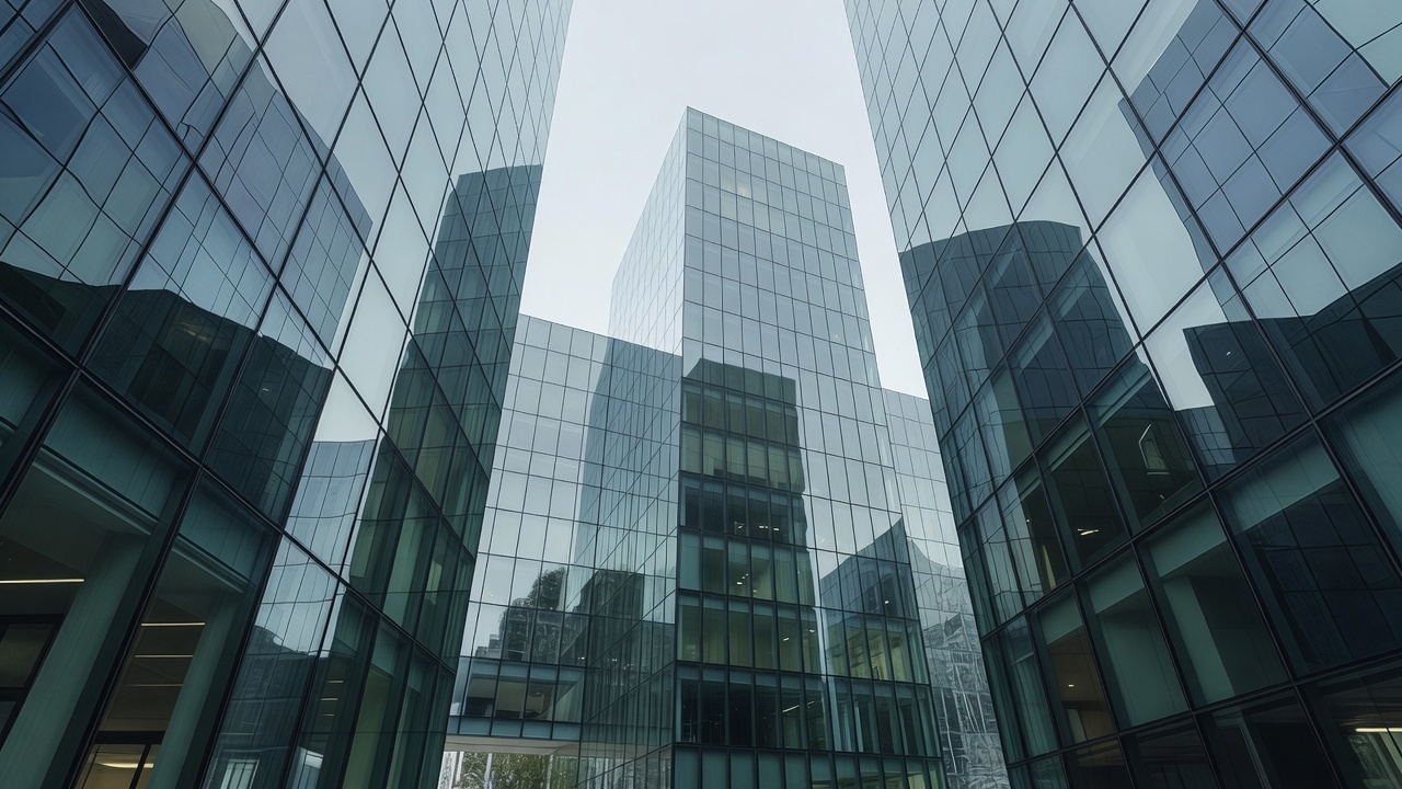 Abstract architectural view of a corporate district showing glass facades