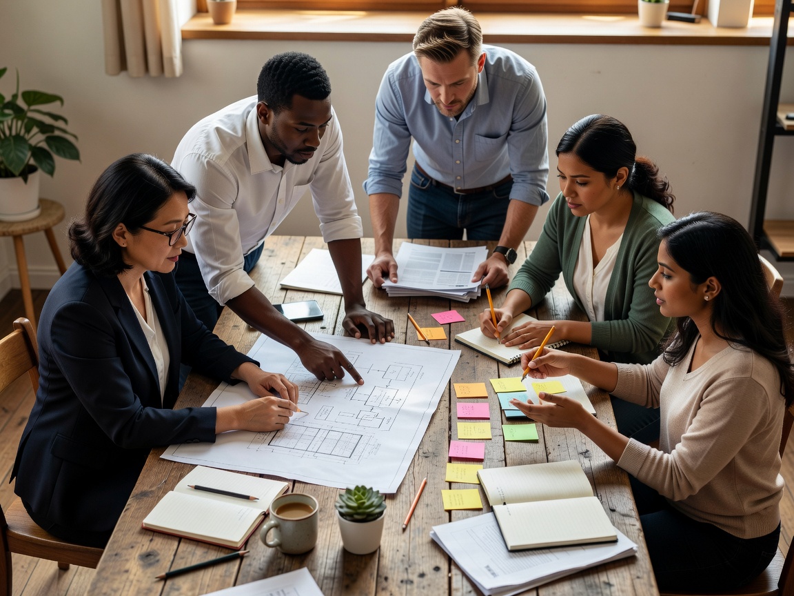 Overhead view of a small team collaborating around a wooden table