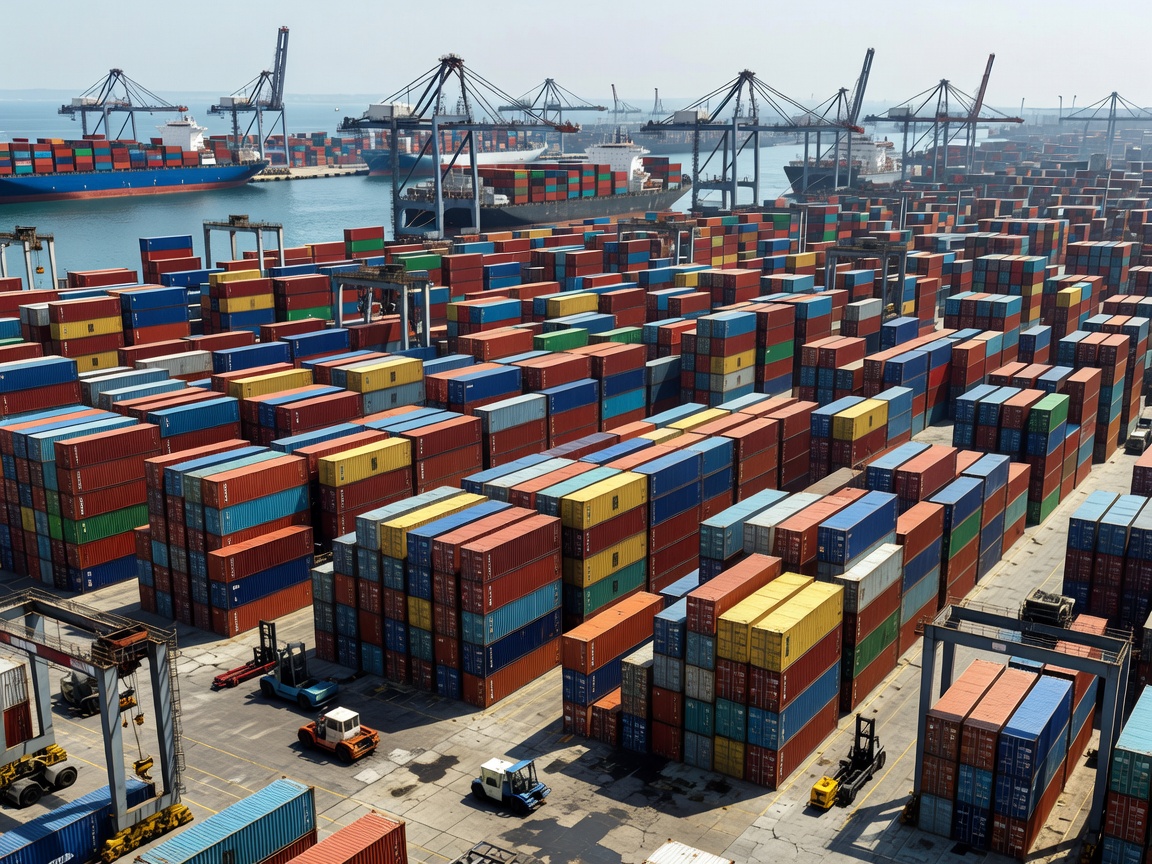 Shipping containers stacked in a massive international port facility