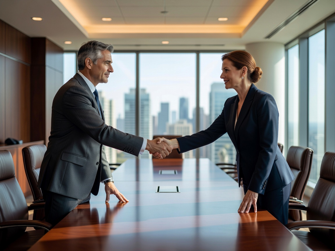 Two business executives shaking hands across a boardroom table